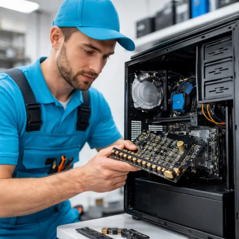 Мастер устанавливает звуковую карту на ПК в Железнодорожном